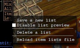 Saved Item Lists - button + options